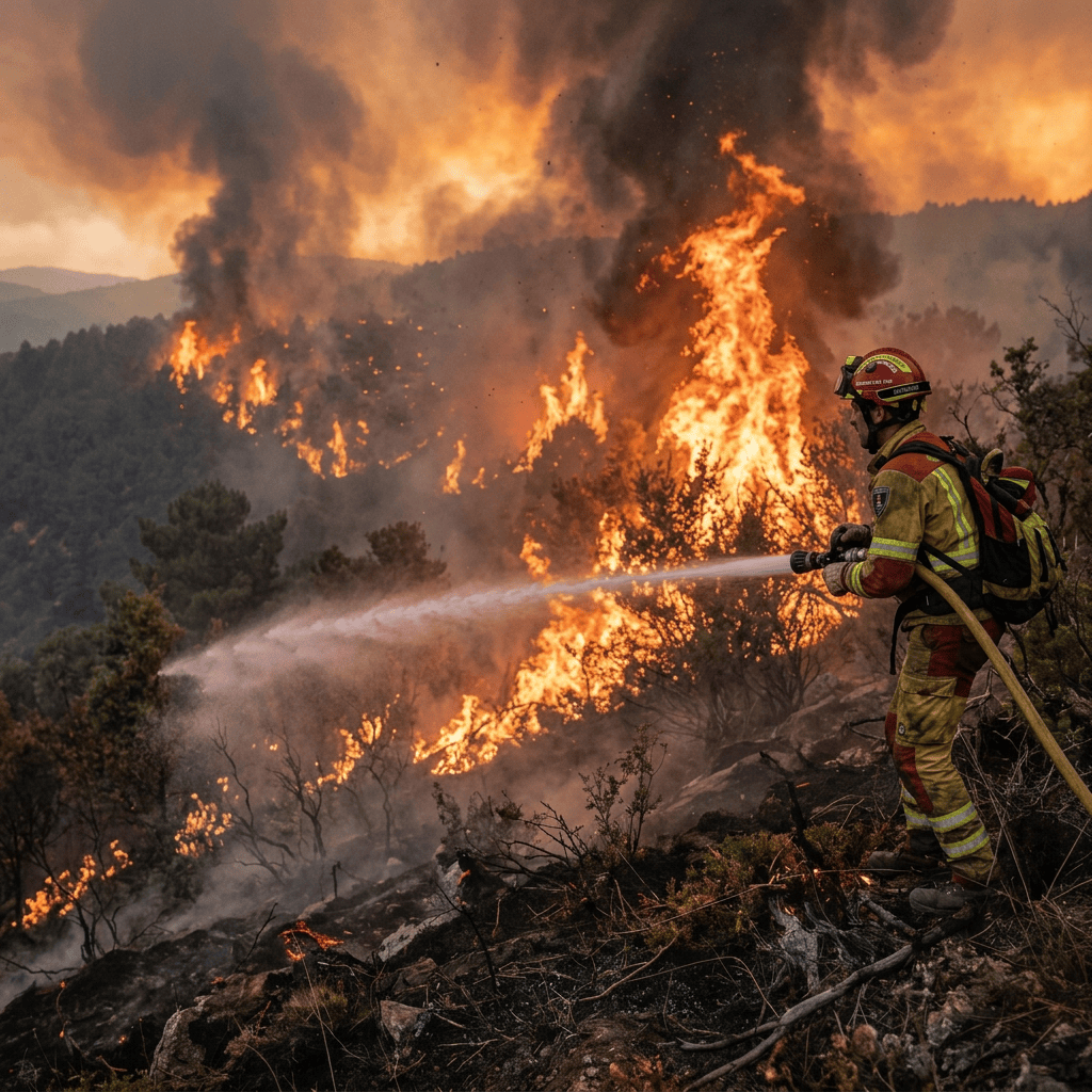 Firefighter spraying water at a large wildfire on a mountainside